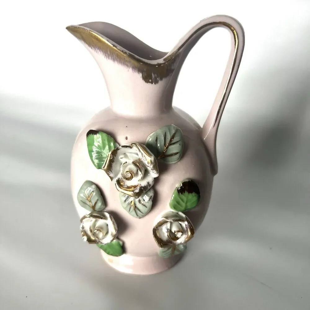 Vintage Mini Pitcher/ Bud Vase~ Pink w/ Applied Porcelain Flowers & Gold Trim
